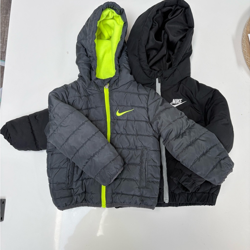 Nike Kids Gray and Black Puffer Jackets with Neon Accents 2T/ 18-24 months